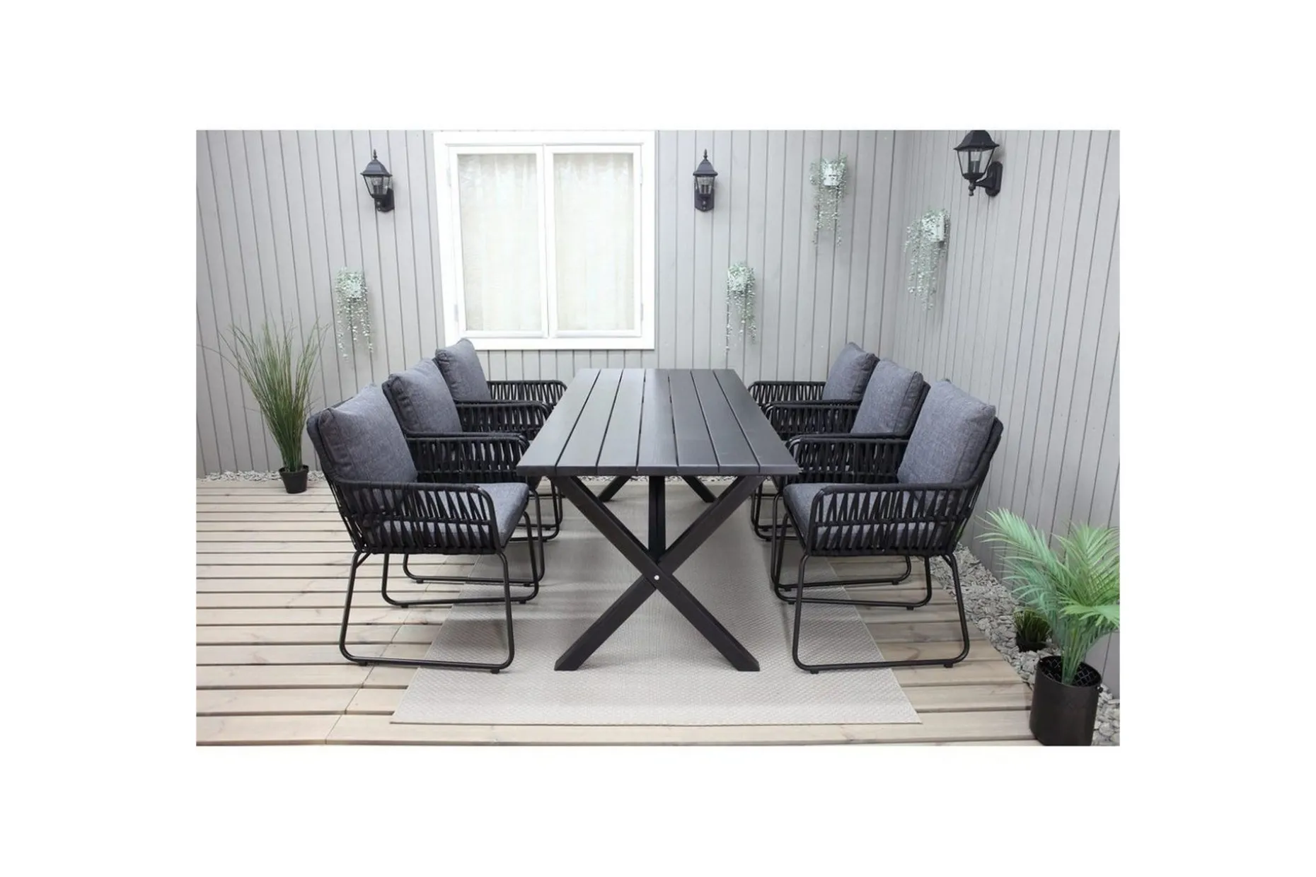 Utomhusmöbelgrupp 190 cm Bord & 6 Levanto grå stolar Svart