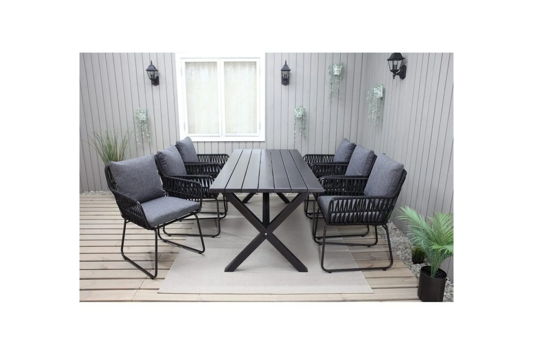 Utomhusmöbelgrupp 190 cm Bord & 6 Levanto grå stolar Svart
