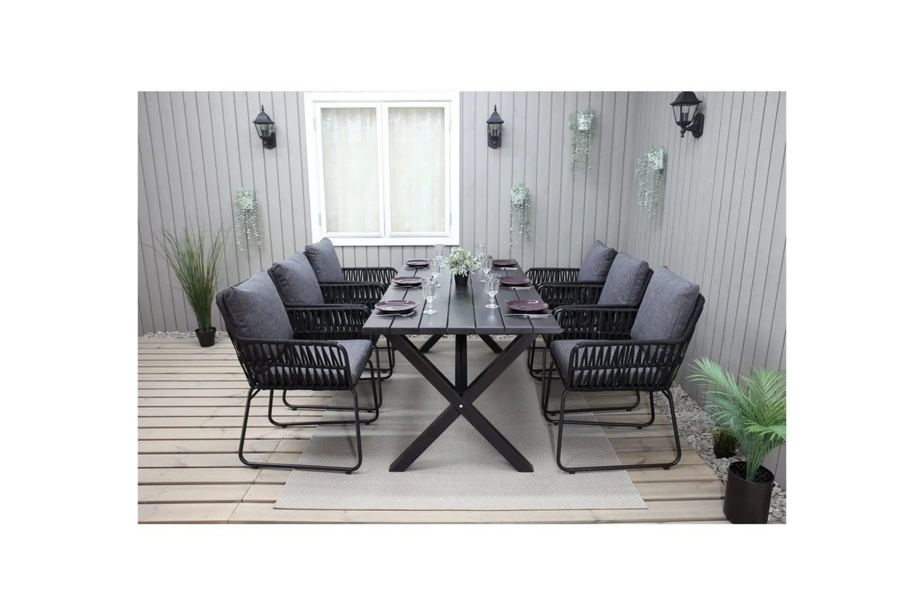 Utomhusmöbelgrupp 190 cm Bord & 6 Levanto grå stolar Svart