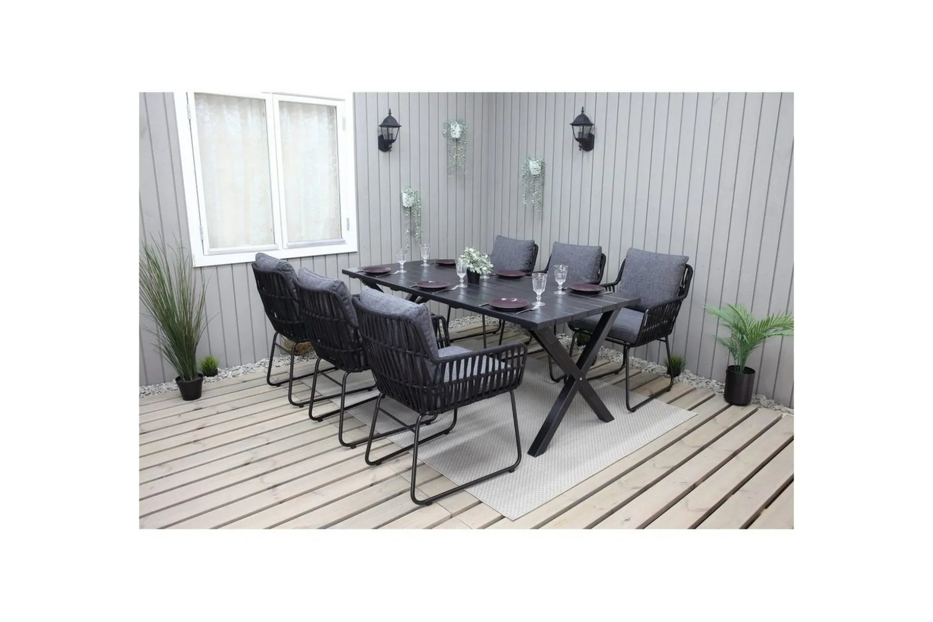 Utomhusmöbelgrupp 190 cm Bord & 6 Levanto grå stolar Svart