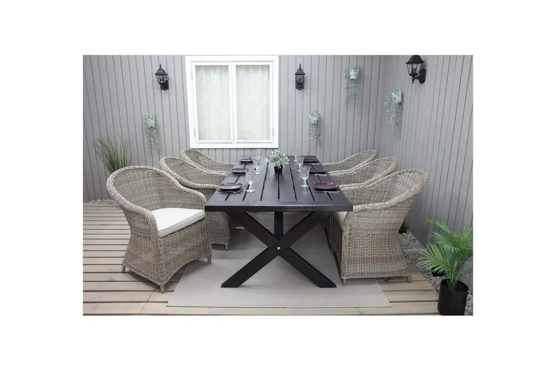 Utomhusmöbelgrupp 220 cm bord & 6 Belize naturell stolar Svart