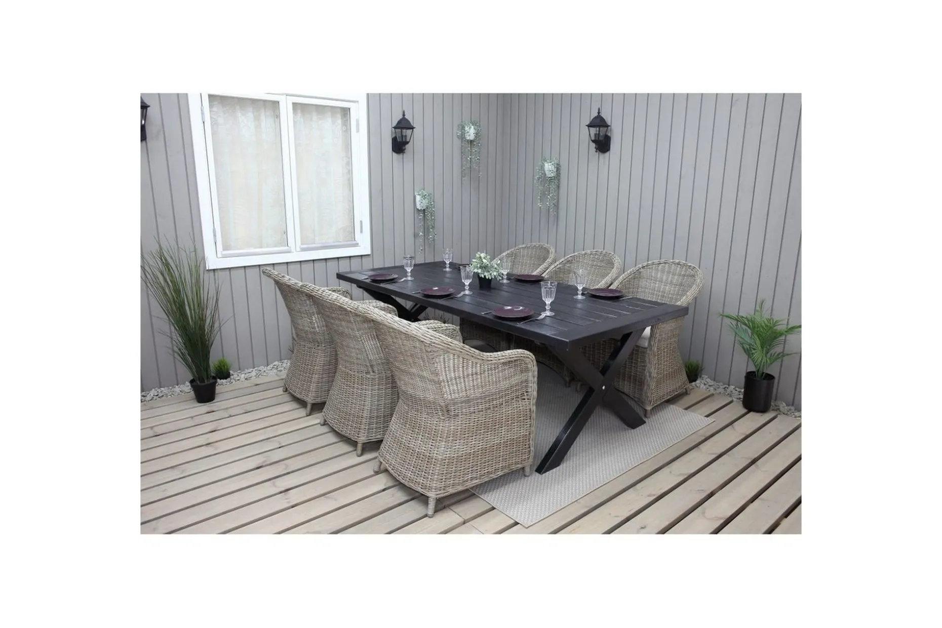 Utomhusmöbelgrupp 220 cm bord & 6 Belize naturell stolar Svart