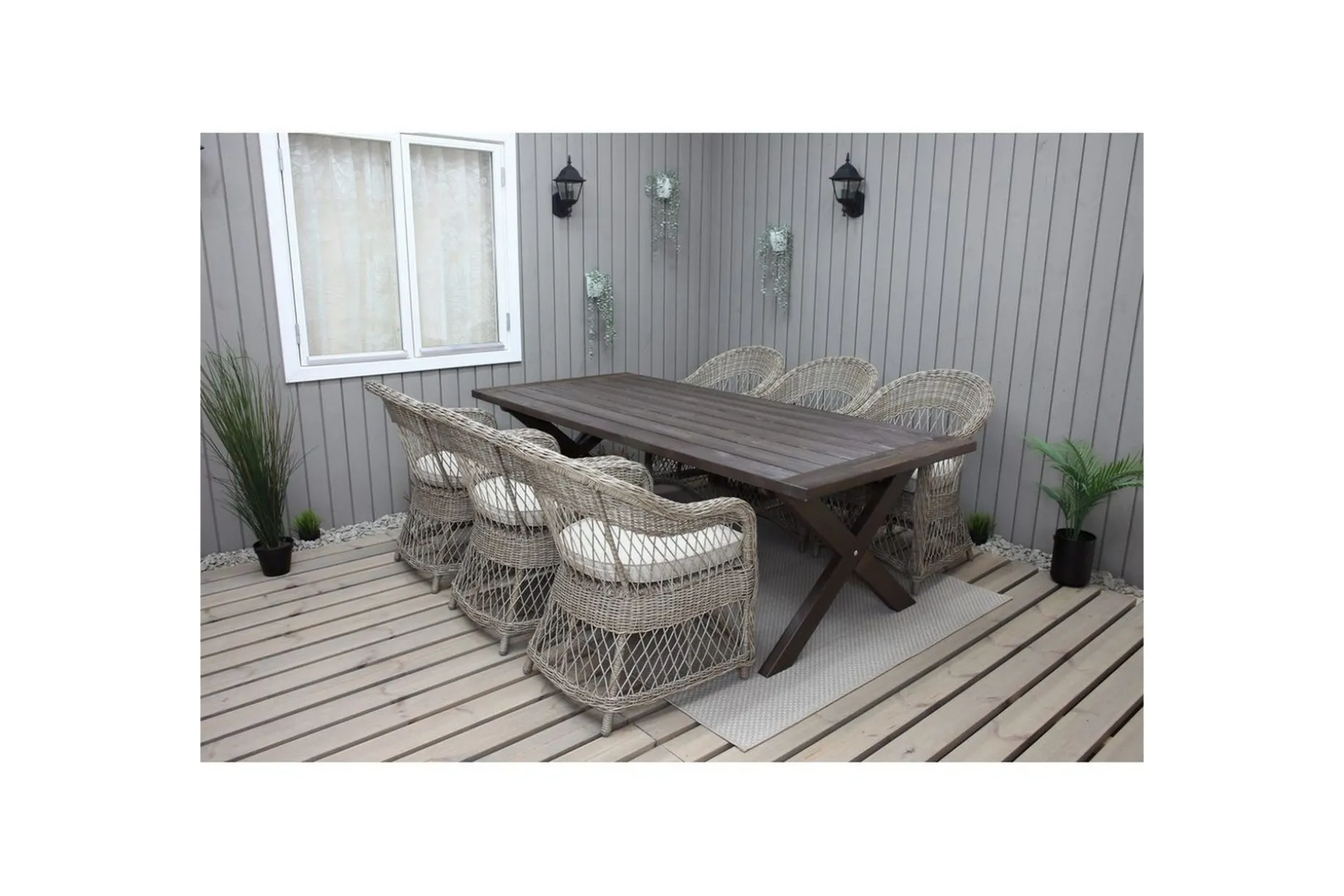 Utomhusmöbelgrupp 220 cm bord & 6 Merida naturell stolar Brun