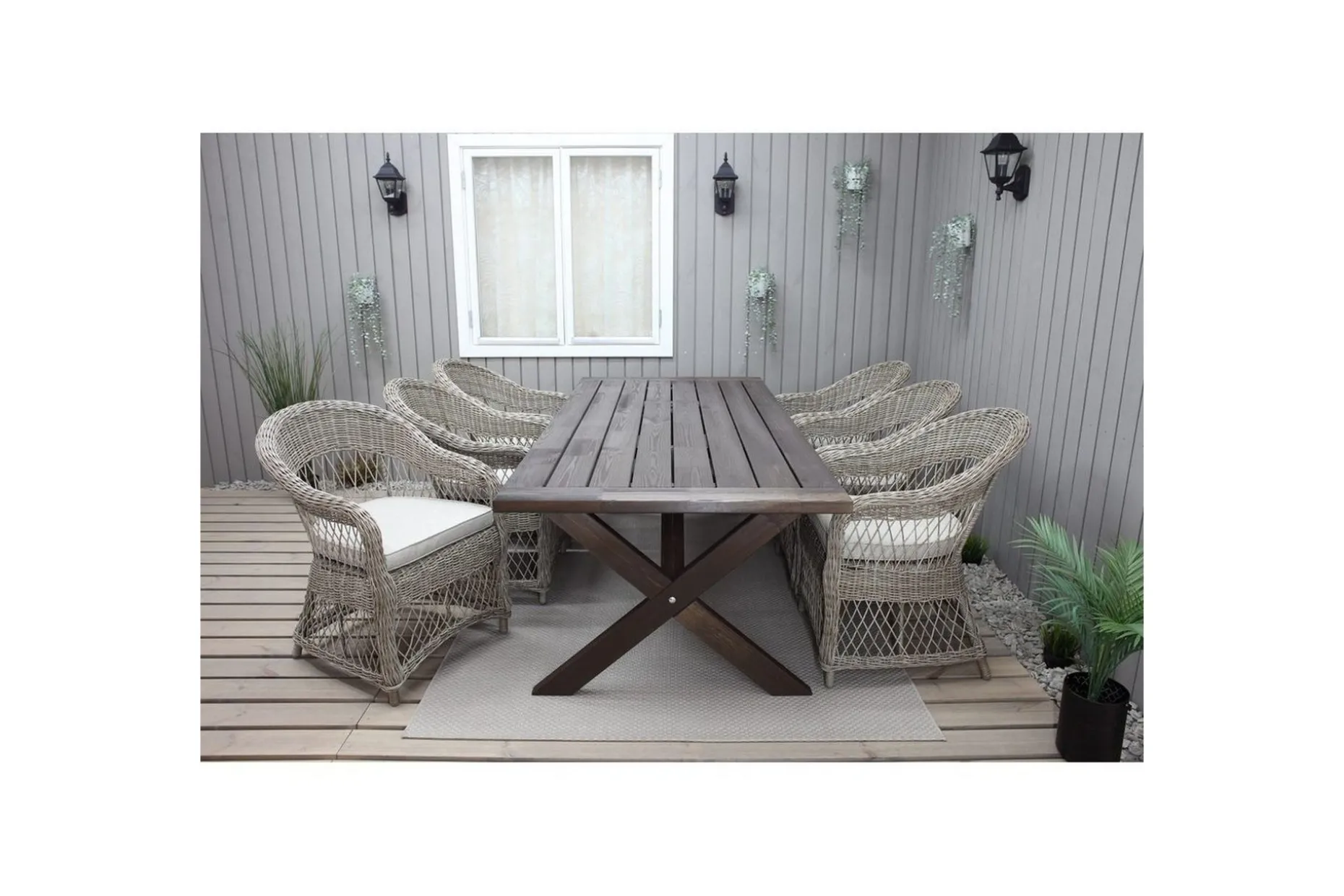 Utomhusmöbelgrupp 220 cm bord & 6 Merida naturell stolar Brun