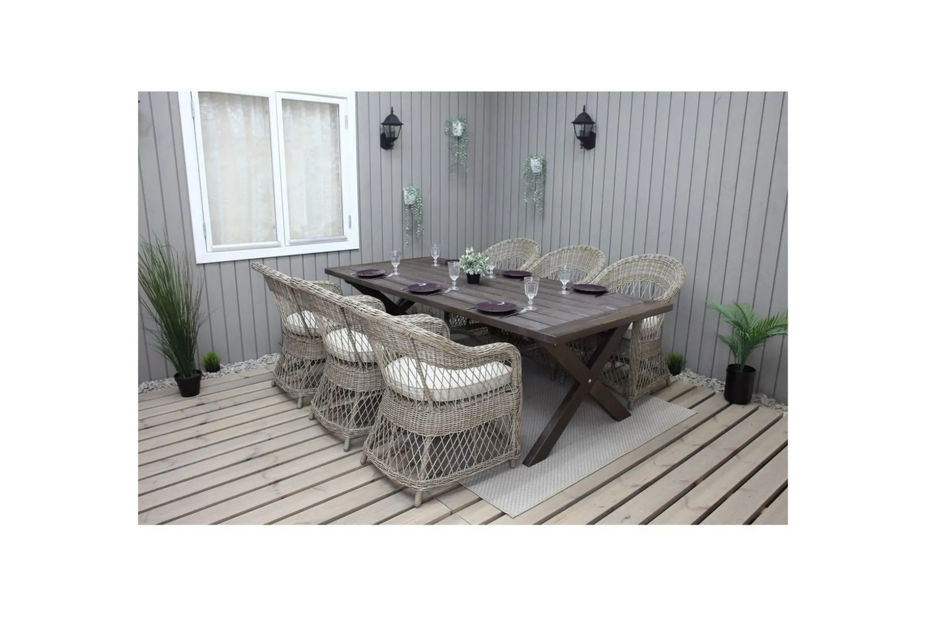 Utomhusmöbelgrupp 220 cm bord & 6 Merida naturell stolar Brun