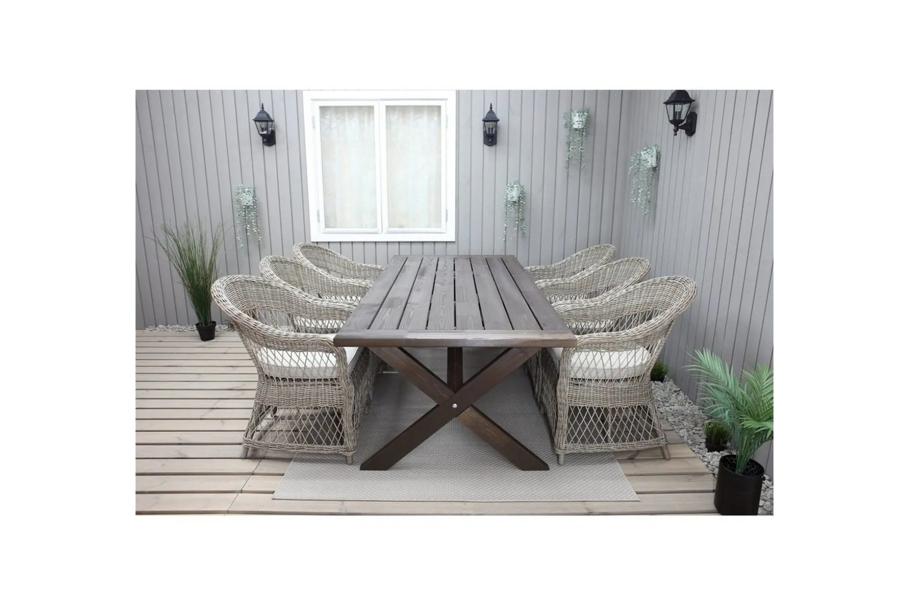 Utomhusmöbelgrupp 220 cm bord & 6 Merida naturell stolar Brun
