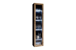 Veria Smalt Vitrinskåp Vit LED Belysning 30 cm djup 40 cm bred 180 cm hög Mörkt Trä Glas
