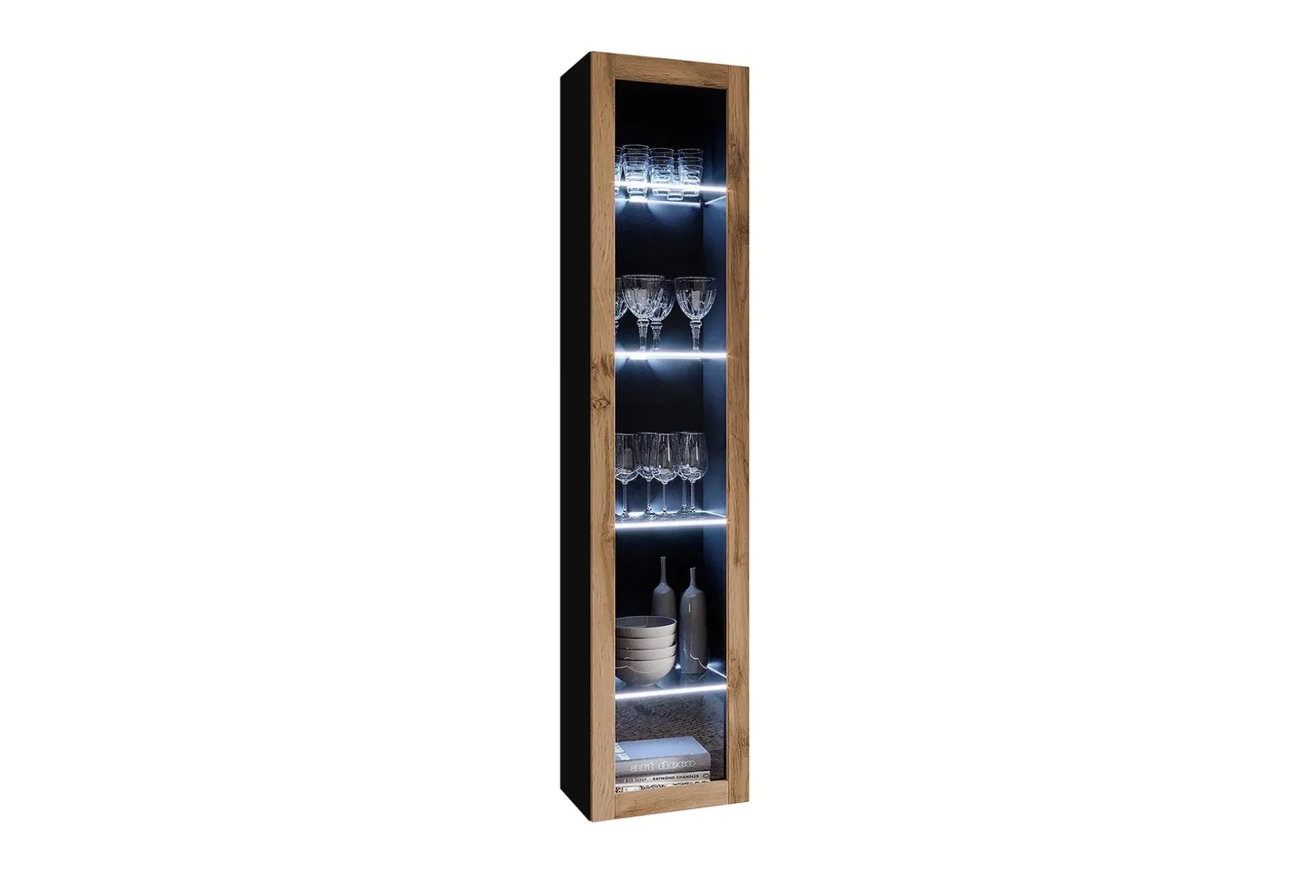 Veria Smalt Vitrinskåp Vit LED Belysning 30 cm djup 40 cm bred 180 cm hög Mörkt Trä Glas
