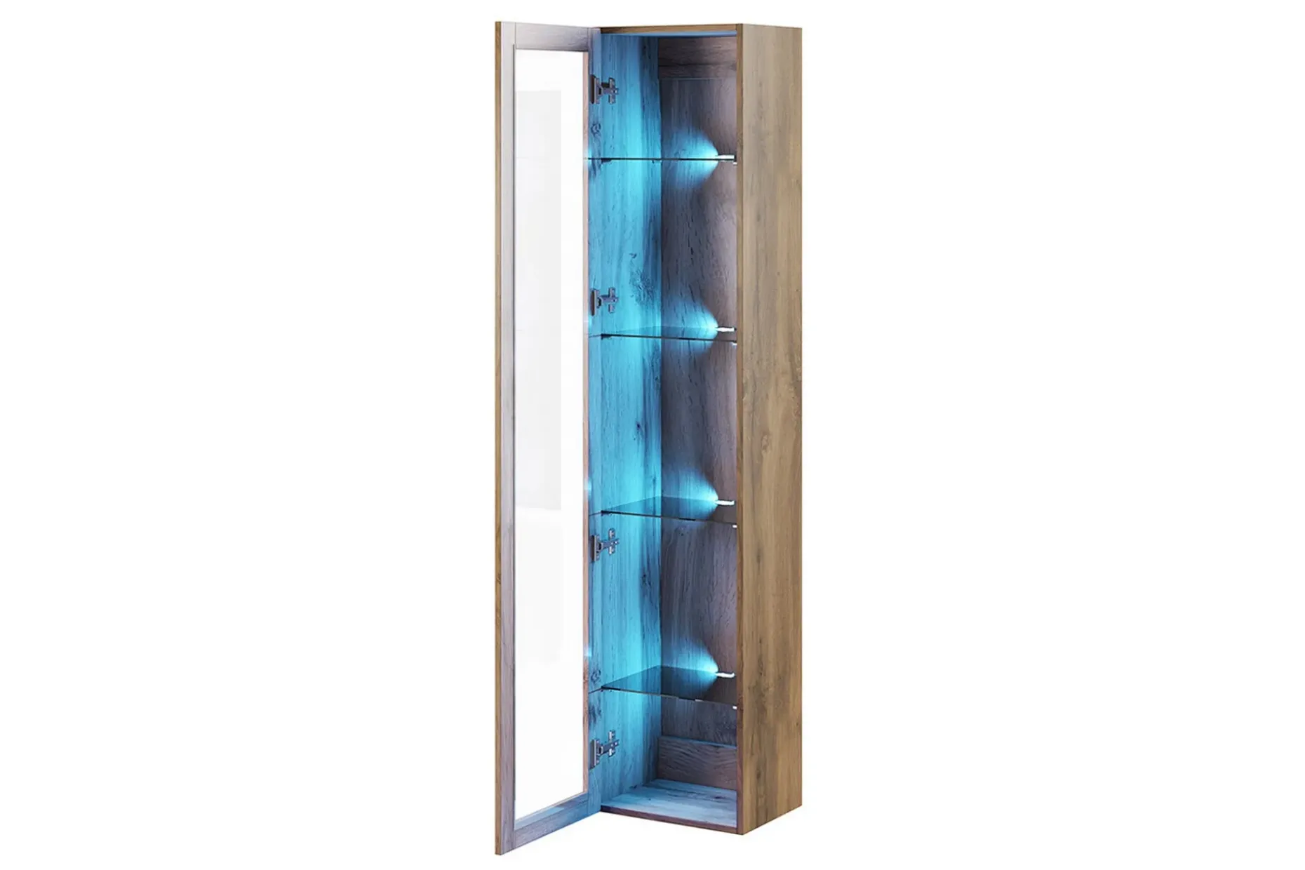 Veria Smalt Vitrinskåp Vit LED Belysning 30 cm djup 40 cm bred 180 cm hög Mörkt Trä Glas