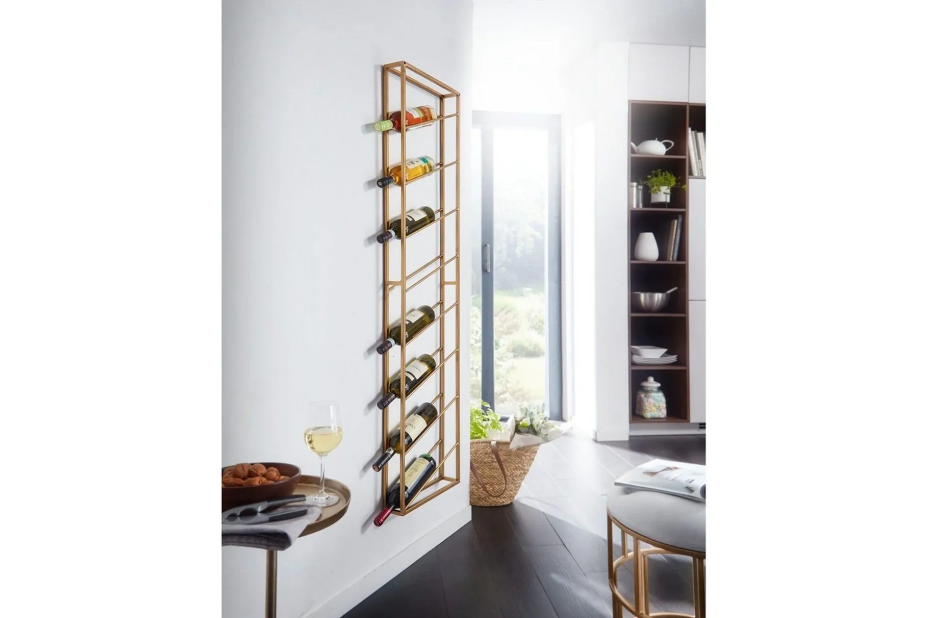 Vinställ Wohnling väggmonterad, plats för 8 flaskor, pulverlackerad metall, industriell loftstil Guld