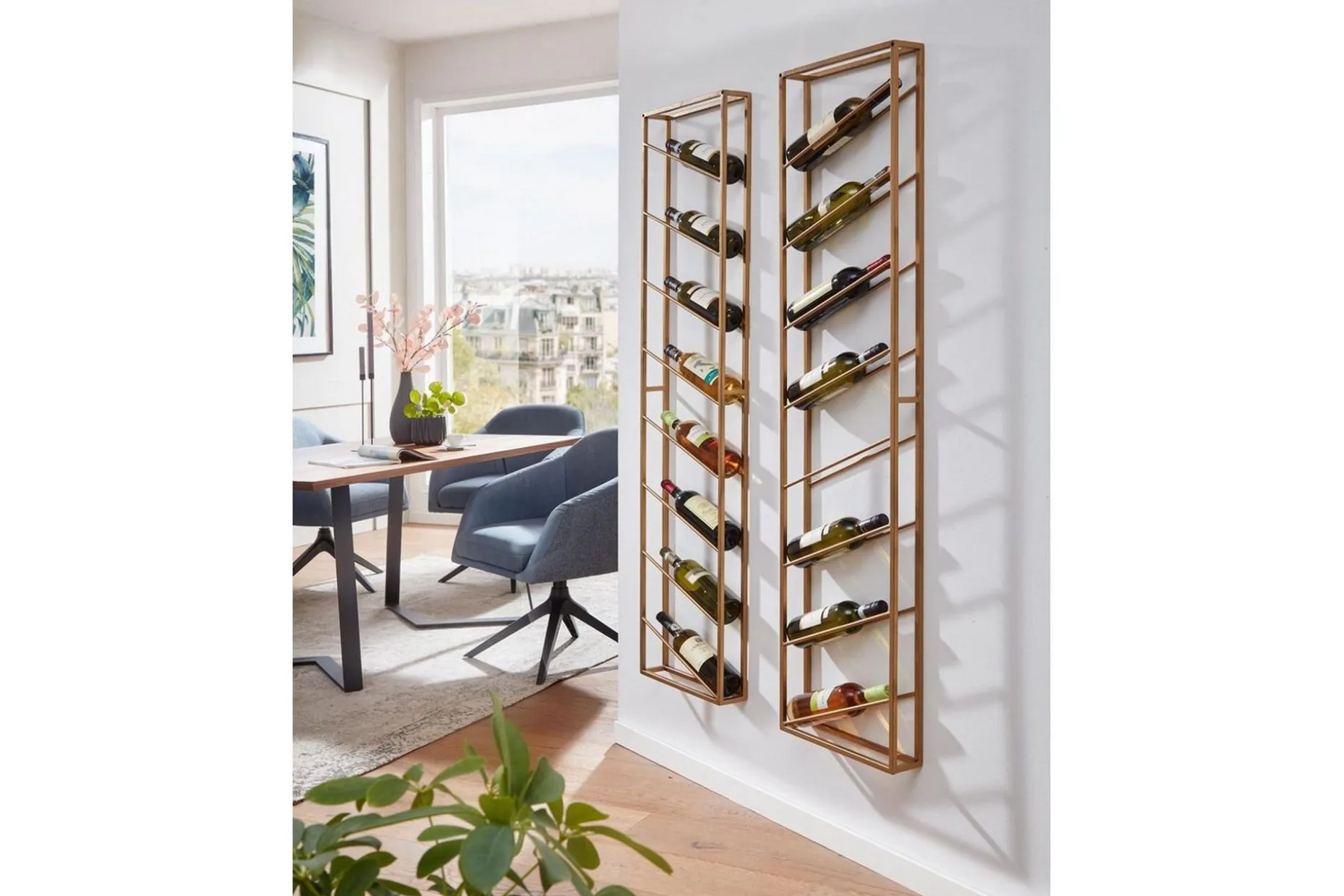 Vinställ Wohnling väggmonterad, plats för 8 flaskor, pulverlackerad metall, industriell loftstil Guld