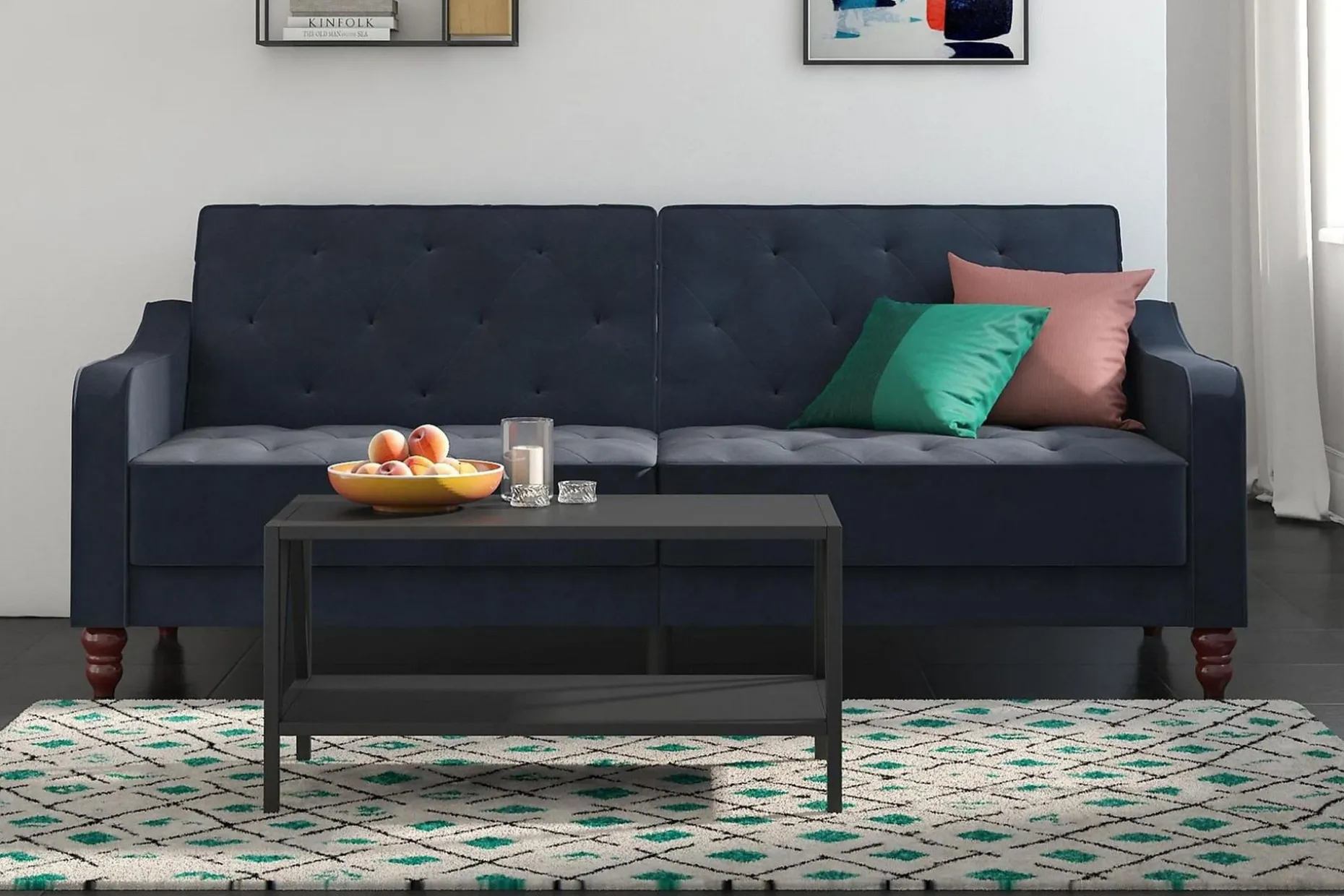 Vintage Tufted 2-sits Bäddsoffa Marinblå